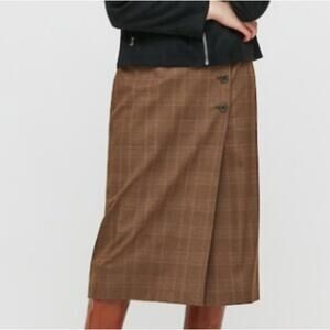 Uniqlo Checkered Wrap Skirt Side Button Plaid Midi Brown XS Academia Preppy